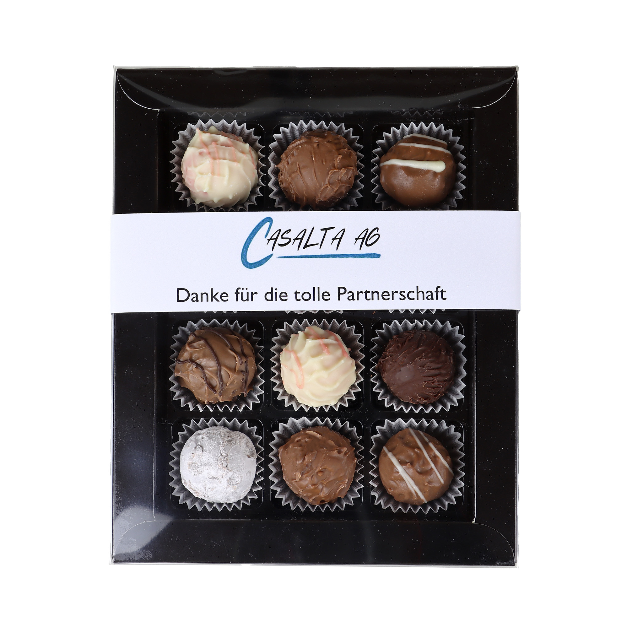 12 exklusive Truffes aus den Schweizer Alpen mit Ihrem persönlichen Logo